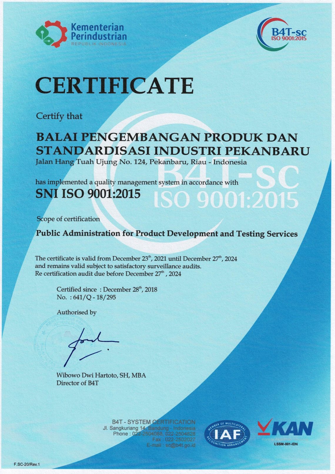 ReSertifikat SNI ISO 9001:2015 – BSPJI Pekanbaru